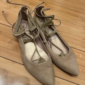 FS/NY French Sole Black Suede Flat Shoes 7,5 Ankle Cross Up Grosgrain Ribbon